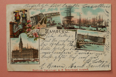Ansichtskarte Litho AK Hamburg 1900 Hafen Trachten Rathaus Alster Arkaden Jungfernstieg Häuser Segelschiffe Architektur Ortsansicht